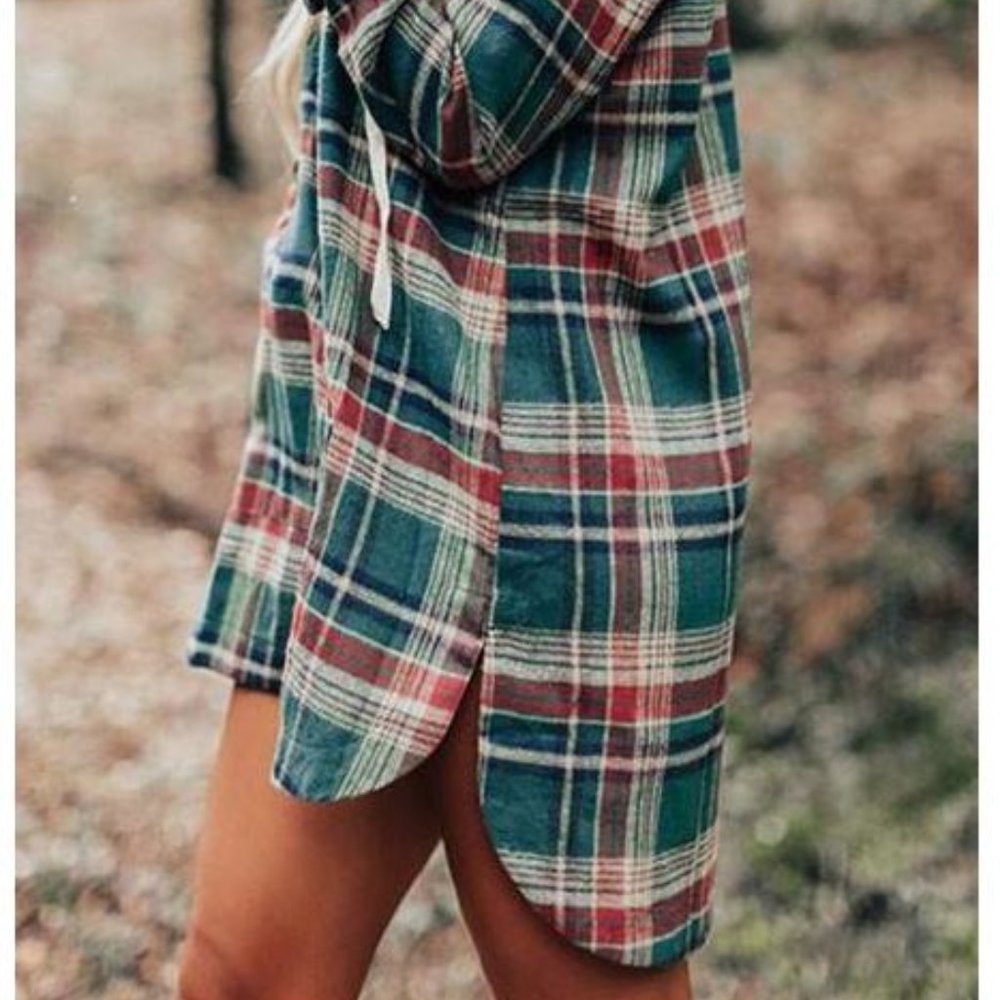 Green Plaid Hooded Button Pocket High-Low Dress - Picture 2 of 4